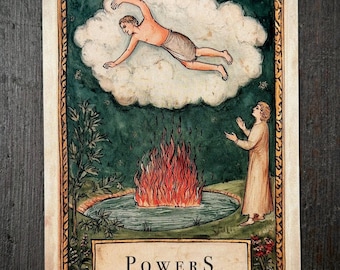 May include: A rectangular tarot card featuring an illustration of a figure floating above a fire in a pool of water, with a sun above a cloud. The text "POWERS" and "Belief bends evidence to its will." is printed in a box at the bottom of the card.