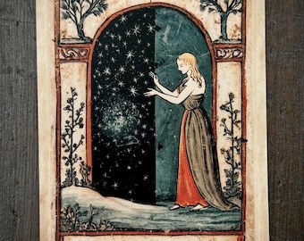 May include: A rectangular card featuring an illustration of a person in a long dress standing before a dark arched doorway filled with stars. Above the arch is a sun symbol, and below is the text: DISCERNMENT, when you know yourself, confusion fades.