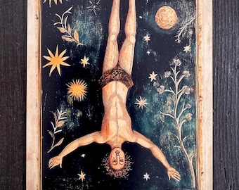 May include: Tarot card illustration featuring a figure upside down against a starry night sky. The card has a vintage aesthetic, with botanical and celestial elements. Text at the bottom reads "UNTIL" and "What if the pause is the point?"