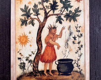 May include: An illustrated tarot card featuring a woman in a crown and orange dress, standing near a tree and a cauldron with smoke. The card has the word "IF" and the text "Knowledge is a gate that opens into fog."