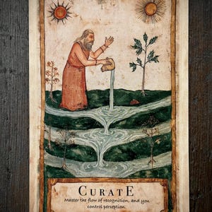 May include: A rectangular card featuring an illustration of a bearded figure in a red robe pouring water from a pitcher into a tiered landscape. The sun and a star appear in the sky. The text reads: CURATE. Master the flow of recognition, and you control perception.