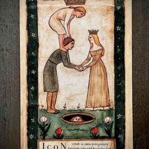 May include: A rectangular tarot-style card featuring an illustration of three figures and a crown. One figure stands on another's shoulders, while a third stands opposite. A face emerges from a hole in the ground. Text reads: ICON what is seen everywhere becomes wanted by everyone.