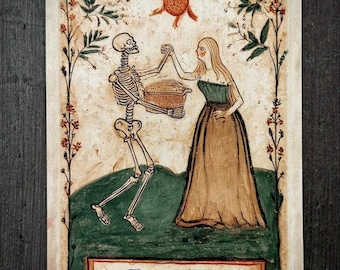 May include: A rectangular tarot card featuring an illustration of a skeleton and a person in a long dress holding a basket. Above them is a sun-like symbol. The text reads TRAUMA and The deepest bonds grow from subtle wounds. The border is floral.