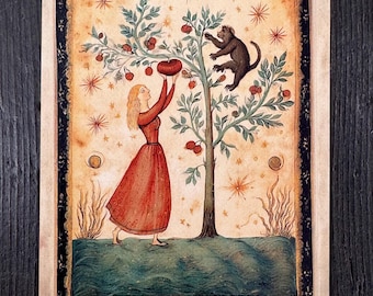 May include: An illustrated card featuring a woman in a red dress reaching for a large red fruit on a tree, with a monkey also reaching for fruit. The card has a border with celestial elements and the word "UPLIFT". Text reads "The mind is a restless monkey. Feed it calm fruit."