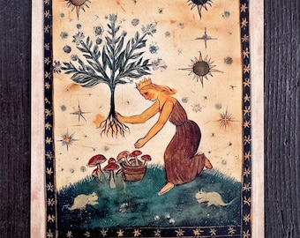 May include: An illustrated card featuring a woman with a crown, tending to mushrooms and a tree. The card has a beige background with stars and the word "GIFT". The text reads "You're not overwhelmed. You're under-aligned."