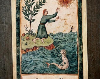 May include: A rectangular card featuring an illustration of a person in a green tunic standing on a grassy bank reaching toward a sun, with a mermaid in the blue water below. The text reads OPINION and certainty is a sign of shallow thinking.