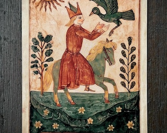 May include: A rectangular tarot card featuring a medieval-style illustration of a person in a crown and red robe riding a green horse. A dark bird flies above, and a sun with a face shines. Text reads: YOURS A life is not measured in hours, but in ownership.