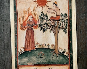 May include: A rectangular card featuring an illustration of a person standing in flames and another person sitting in a tree under a sun. The text reads DAILY Consistency outperforms intensity. The border is dark green with small floral accents.