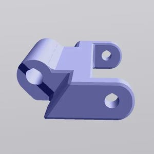 May include: A light purple, 3D-rendered mechanical component. The object has a cylindrical section with a circular hole, connected to a rectangular body with two circular holes. The design includes angled edges and a smooth, matte finish.