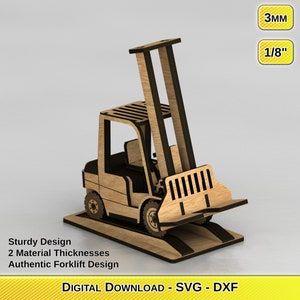 May include: A wooden model of a forklift, with a detailed design and two material thicknesses. The model is 1/8 inch thick and is available for digital download in SVG and DXF formats.