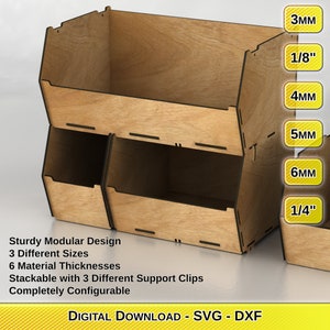 Laser Cut Modular Storage Bin Design Files - 6 Material Thicknesses - 3 Different Interlocking Sizes