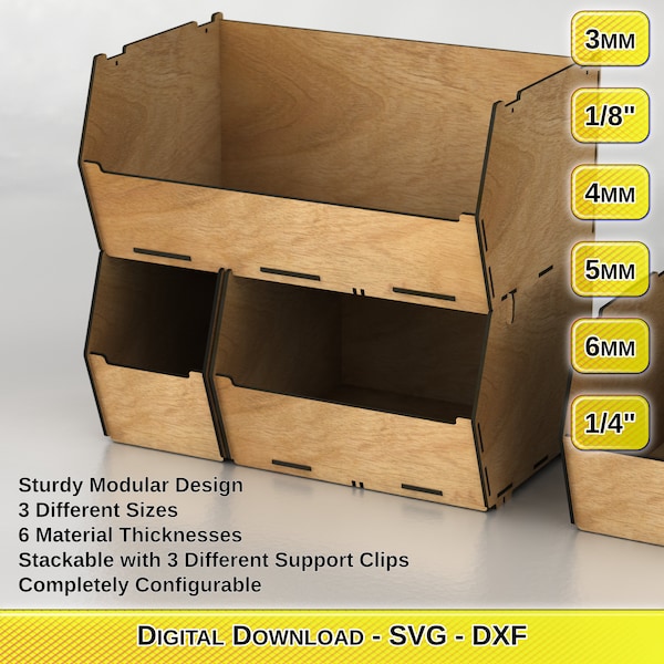Laser geschnittene Designdateien für modulare Aufbewahrungsboxen - 6 Materialstärken - 3 verschiedene ineinandergreifende Größen