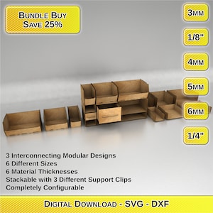 Peut inclure: Un ensemble de 3 boîtes de rangement modulaires en bois avec 6 tailles différentes et 6 épaisseurs de matériau. Les boîtes sont empilables et peuvent être configurées de différentes manières. L'image montre également une réduction de 25% sur l'achat d'un lot.