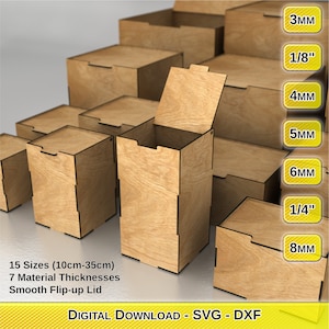 Laser Cut Storage Box with Flip Lid Design Files - 15 different Sizes - 7 Material Thicknesses
