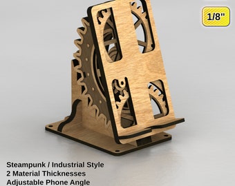 Laser Cut Steampunk Phone Stand Files - Adjustable Angle - 2 Material Thicknesses