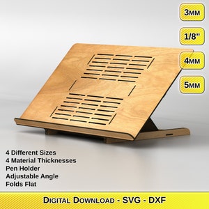 Soporte para tabletas gráficas cortado con láser - Plegable - Ajustable - Soporte para bolígrafo - 4 grosores de material - 4 tamaños diferentes