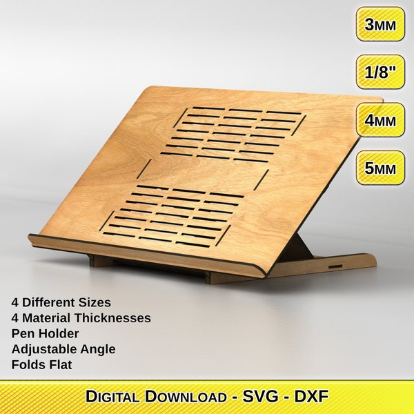 Laser Cut Graphics Tablet Stand Files - Foldable - Adjustable - Pen Holder - 4 Material Thicknesses - 4 Different Sizes