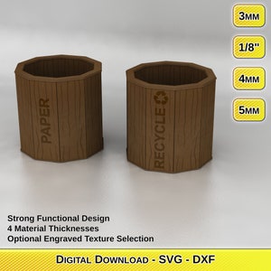 Laser Cut Small Office Bin Files - 4 Material Thicknesses - Engraved Textures