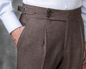 Braune Gurkha-Kleidhose für Herren, nach Maß, Knopfverschluss, doppelte Falten, untere Manschette, Business-Casual, Hochzeit, formelle Gorkha-Hose für Herren