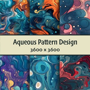May include: Aqueous pattern design with swirling blue, orange, red, and purple colors. The design is made up of abstract shapes and lines that resemble water.