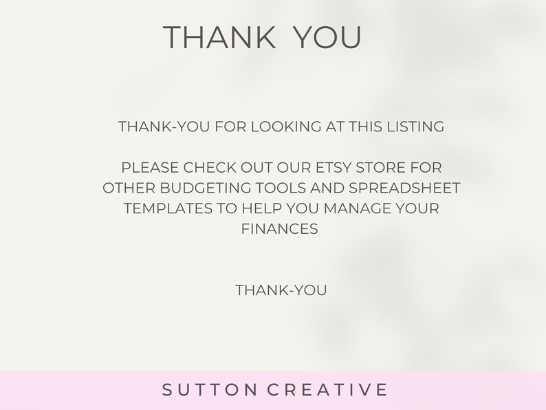 May include: Thank you for looking at this listing. Please check out our Etsy store for other budgeting tools and spreadsheet templates to help you manage your finances. Thank-you, Sutton Creative.