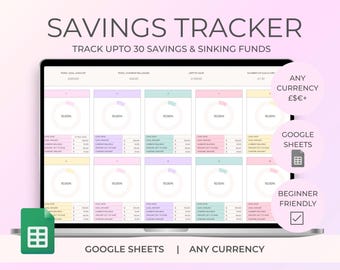 Savings tracker spreadsheet, Google Sheets, Sinking Funds, savings Template, Savings Calculator, Personal Finance, savings goals