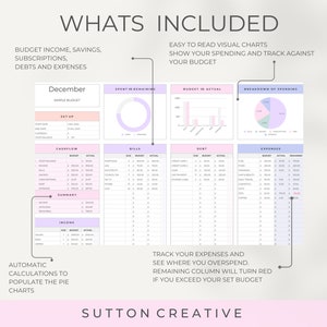 May include: A printable budget planner with a pink and purple color scheme. The planner includes sections for income, savings, subscriptions, debts, and expenses. It also includes charts to track spending and a breakdown of spending. The text "December" is at the top of the planner.