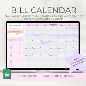 Bill calendar, Bill Tracker spreadsheet, Google Sheets dashboard, Annual bill tracker, Monthly Bill Planner, Personal Finance planner,budget