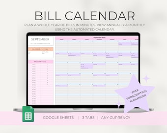 Bill calendar, Bill Tracker spreadsheet, Google Sheets dashboard, Annual bill tracker, Monthly Bill Planner, Personal Finance planner,budget