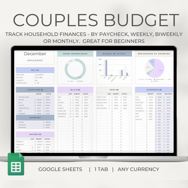 Feuille de calcul budgétaire pour couple, modèle Google Sheets, budget hebdomadaire mensuel, budgétisation, finances personnelles, modèle de budget, finances communes