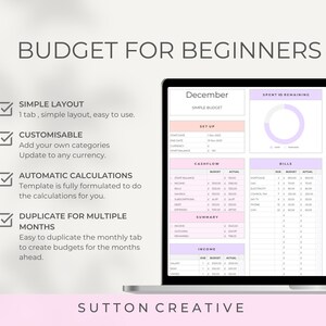 May include: A laptop screen displaying a pink and white budget template for beginners. The template includes sections for cash flow, bills, debt, and income. The text on the screen reads "Budget for Beginners", "December", "Simple Budget", "Spent vs Remaining", "Budget vs Actual", "Set Up", "Cashflow", "Bills", "Debt", "Income", and "Sutton Creative".