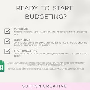 May include: A checklist with three steps for starting a budget: purchase, download, and start budgeting. The checklist is on a white background with a green spreadsheet icon at the bottom. The text "SUTTON CREATIVE" is at the bottom of the image.