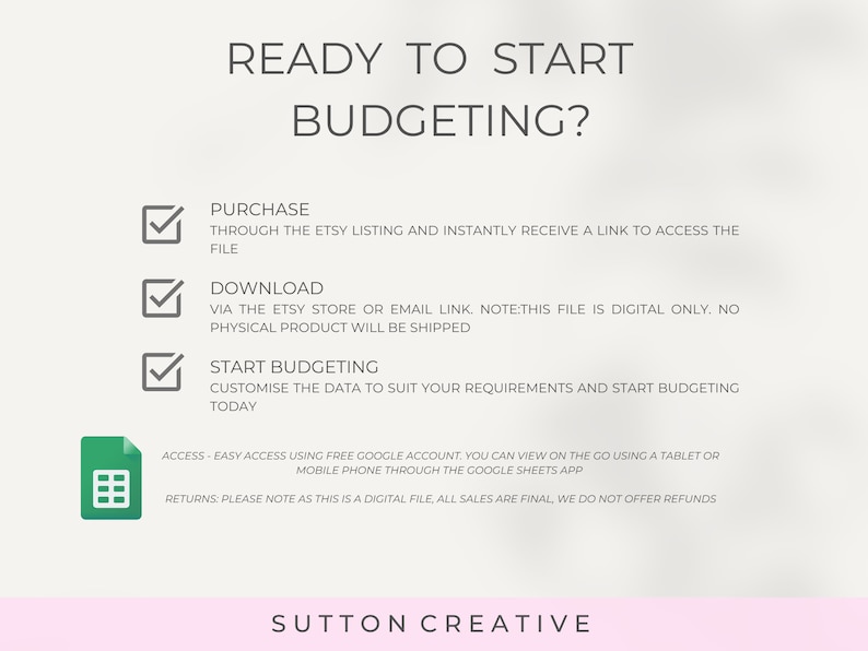 May include: A checklist with three steps for starting a budget: purchase, download, and start budgeting. The checklist is on a white background with a green spreadsheet icon at the bottom. The text "SUTTON CREATIVE" is at the bottom of the image.