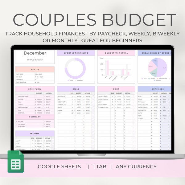 Couples Budget Spreadsheet, Weekly Monthly Budget, Google Sheets Template, budgeting, personal finance, budget template, joint finances