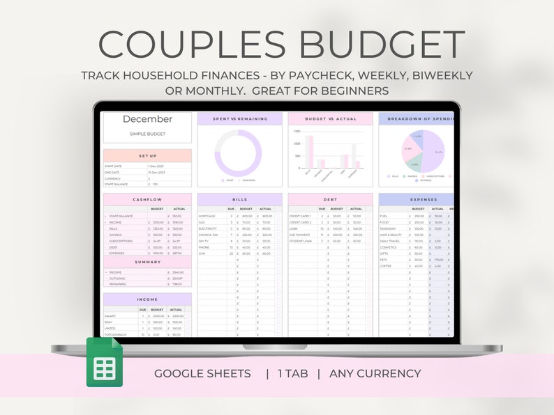 May include: A laptop screen displaying a Google Sheets spreadsheet titled "Couples Budget". The spreadsheet is designed to track household finances by paycheck, weekly, biweekly, or monthly. The spreadsheet includes sections for "Set Up", "Cashflow", "Bills", "Debt", "Expenses", "Summary", and "Income".