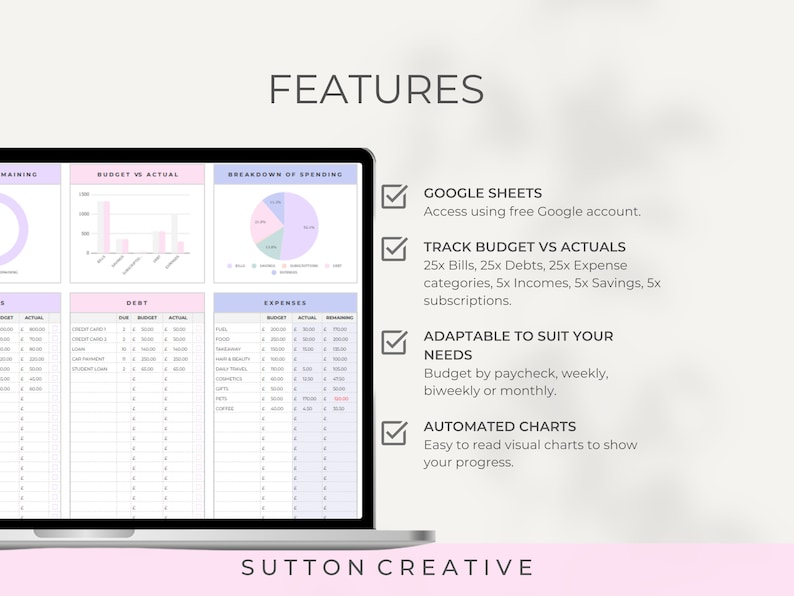 May include: A laptop screen displaying a spreadsheet with a pink and blue color scheme. The spreadsheet is a budget tracker with features like Google Sheets integration, automated charts, and the ability to track budget vs actuals. The text on the screen reads "FEATURES", "GOOGLE SHEETS", "TRACK BUDGET VS ACTUALS", "ADAPTABLE TO SUIT YOUR NEEDS", and "AUTOMATED CHARTS".