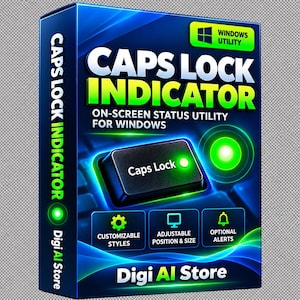 Może przedstawiać: Niebieskie pudełko z oprogramowaniem Caps Lock Indicator, narzędziem do wyświetlania stanu na ekranie dla systemu Windows. Pudełko zawiera czarny klawisz klawiatury z zielonym światłem, etykiety stylów, regulowaną pozycję i rozmiar oraz opcjonalne alerty.