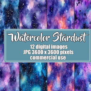 Watercolor Stardust Digital Art, Starfield Galaxy Night Sky Cosmic Celestial Watercolor Scrapbook Paper Pack Backgrounds textures