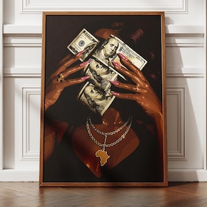 Schwarze Frau Wandkunst | Afrocentric Geld | Dunkle Hautfarbe Feminine Power Print | Gold Kette Afrikanische Halskette Poster | Reiches Mädchen Dekor, Urban Art