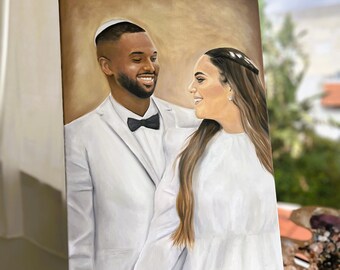 Pintura al óleo personalizada de foto sobre lienzo, pintura de retrato original hecha a mano, decoraciones de pared, regalo personalizado, pintura de boda