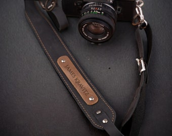 Personalized Adjustable Black Leather Camera Strap - Customizable Camera Accessory