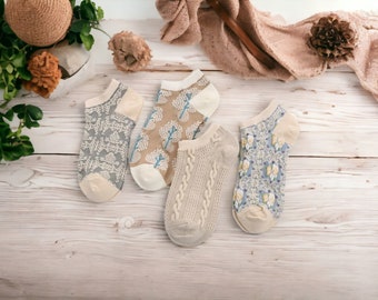 Calcetines de corte bajo de color liso Morandi simples, elegantes y dulces para mujer para primavera, verano y más allá, calcetines finos de encaje para mujer, 4 pares