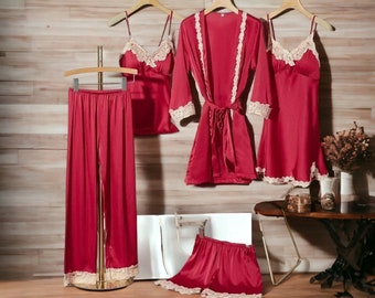 Satijnen pyjamaset Luxe kant satijnzijde damespyjamaset | Elegante nachtkleding