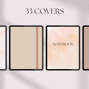 Puede incluir: Cuatro maquetas de pantalla de tableta digital que muestran diferentes diseños de portada para un cuaderno o diario. Las portadas presentan un fondo de acuarela con las palabras "BOOK" y "NOTEBOOK" en texto negro.