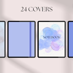 Puede incluir: Cuatro maquetas de pantalla de tableta digital que muestran diferentes diseños de portada para un libro o un cuaderno. Las portadas presentan diseños abstractos de acuarela en tonos azules y morados con acentos dorados. El texto "BOOK" y "NOTEBOOK" se muestra en dos de las portadas.