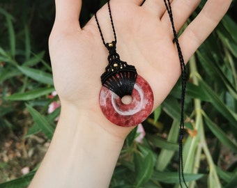Colar com pingente de rosquinha Thulite, joia com pedras preciosas Boho Hippie em macramê