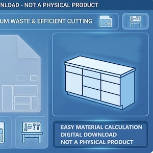 May include: A blue digital download interface for a material estimator featuring a line drawing of a dresser, a cutting layout diagram, and text including CRAFTBYGB: DIGITAL DOWNLOAD - NOT A PHYSICAL PRODUCT, CALCULATE FOR MINIMUM WASTE & EFFICIENT CUTTING.