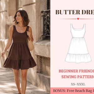 Puede incluir: Un vestido marrón sin mangas con escote redondo y falda escalonada. La imagen incluye un dibujo técnico del vestido etiquetado como BUTTER DRESS, junto con el texto BEGINNER FRIENDLY SEWING PATTERN, XS-XXXL, y BONUS: Free Beach Bag Pattern.