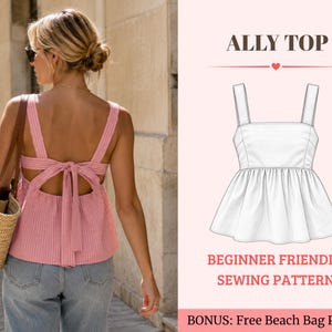 Puede incluir: Una blusa sin mangas a rayas rosas y blancas con cierre de lazo en la espalda, combinada con jeans azules y un bolso de paja. La imagen incluye un boceto técnico blanco del Ally Top, etiquetado como patrón de costura para principiantes.