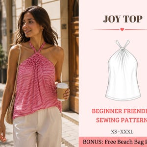 Puede incluir: Un top halter rosa con un sutil estampado animal, con escote fruncido y cierre de lazo. La imagen incluye un dibujo técnico del top etiquetado como JOY TOP, junto con el texto BEGINNER FRIENDLY SEWING PATTERN XS-XXXL.